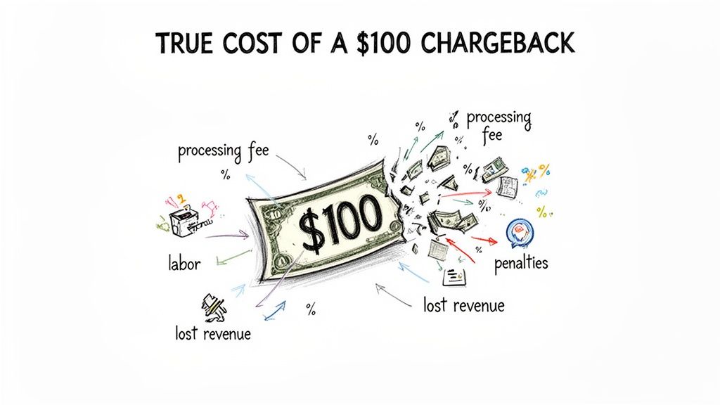 Illustration of a $100 chargeback's true cost, broken down into labor, processing fees, lost revenue, and penalties.