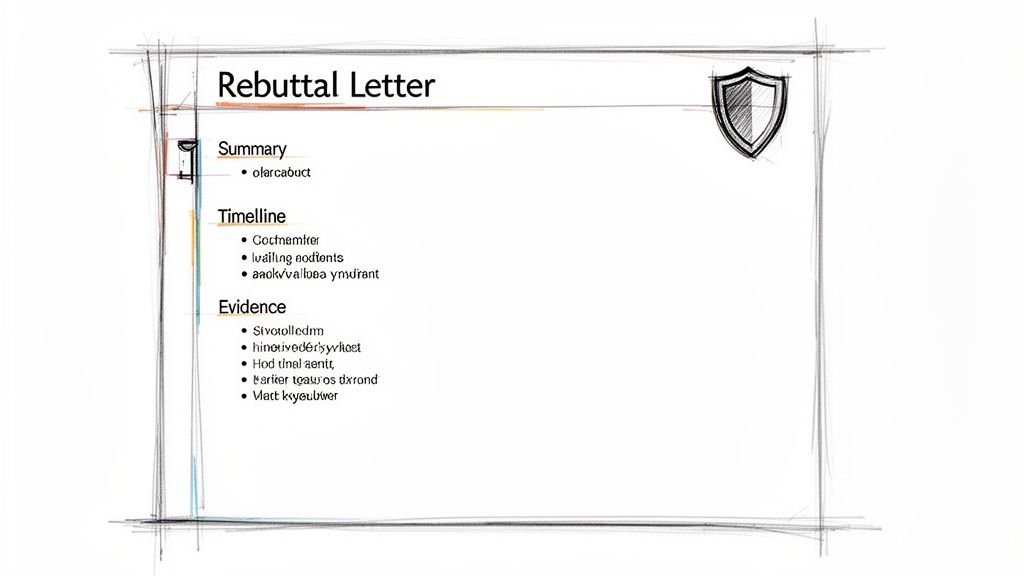 A hand-drawn sketch of a rebuttal letter template, displaying sections for summary, timeline, and evidence.