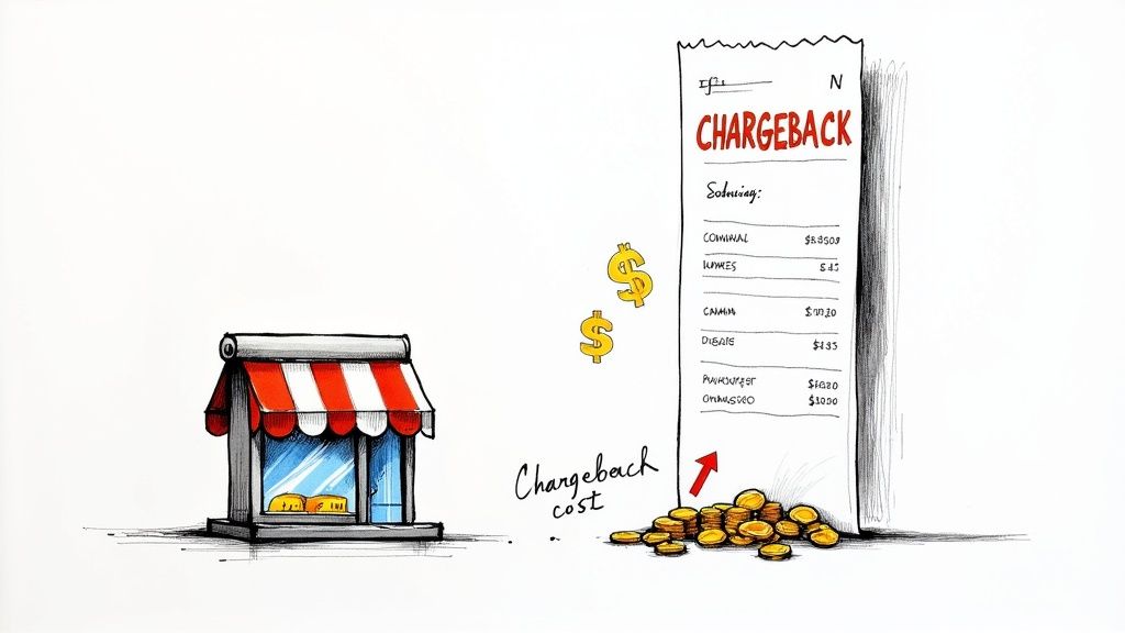 An illustration of a small shop incurring significant chargeback costs shown on a long receipt.