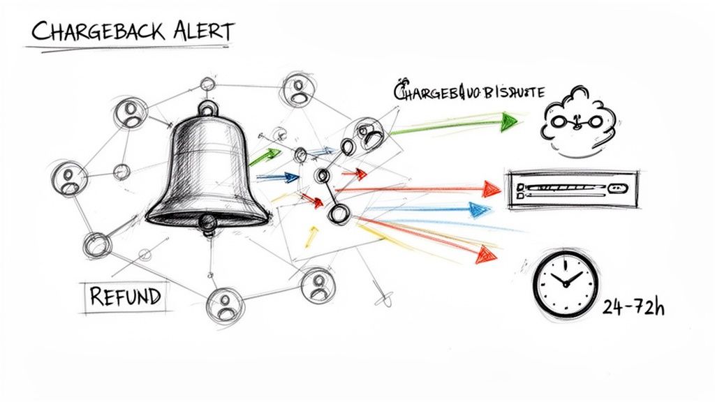 Sketch illustrating a chargeback alert system, showing users, a bell notification, disputes, refunds, and processing times.