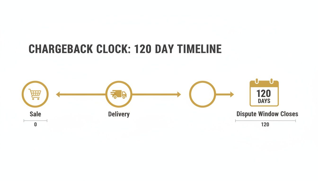 A timeline illustrating the 120-day chargeback clock, from the initial sale and delivery to the dispute window closing.