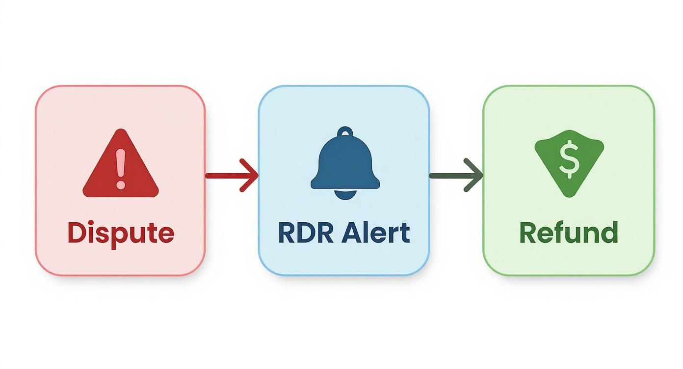 A diagram illustrating the process: Dispute (exclamation mark) leads to RDR Alert (bell icon), then to Refund (money shield).