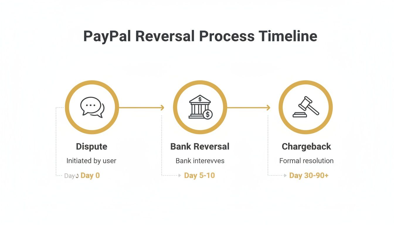 A timeline graphic illustrating the PayPal payment reversal process, including dispute, bank reversal, and chargeback stages.