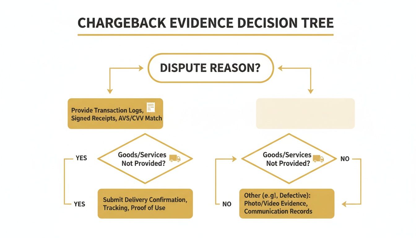 A chargeback evidence decision tree flowchart illustrating steps for dispute resolution and required documentation.