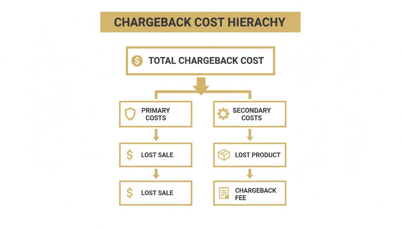 Flowchart illustrating the hierarchy of chargeback costs, detailing primary and secondary components like lost sales, product, and fees.