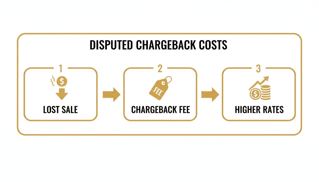 A flowchart illustrates the three costs of disputed chargebacks: lost sales, chargeback fees, and higher rates.