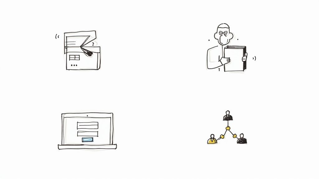 Hand-drawn icons illustrating document processing, a person holding files, a laptop login, and an organizational network.