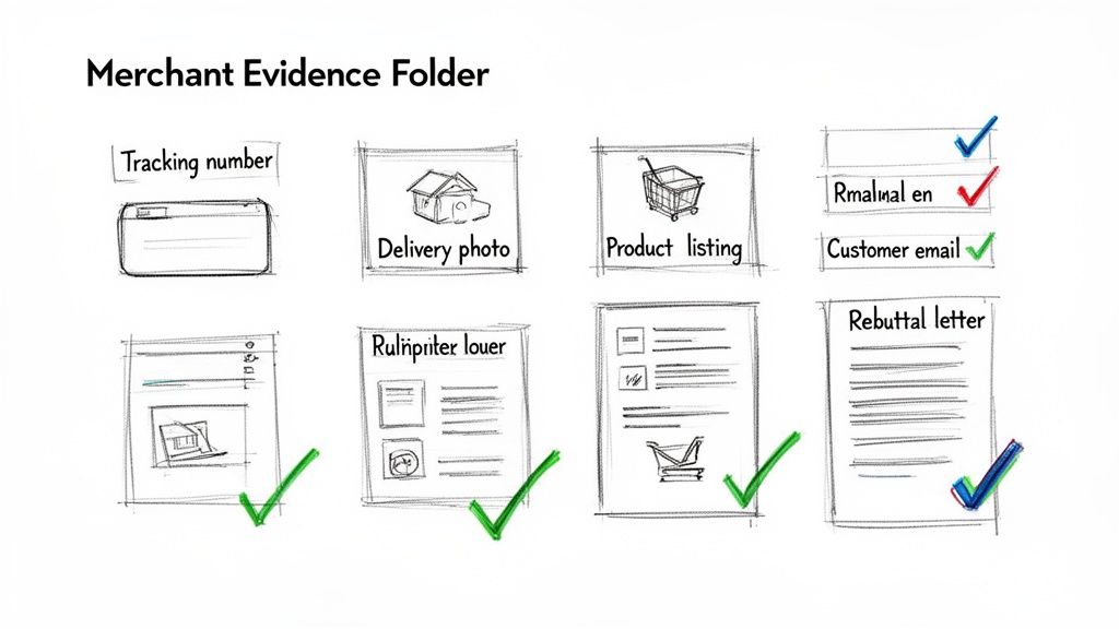 A sketch of a merchant evidence folder with documents like tracking number, delivery photo, and customer email, showing their status.