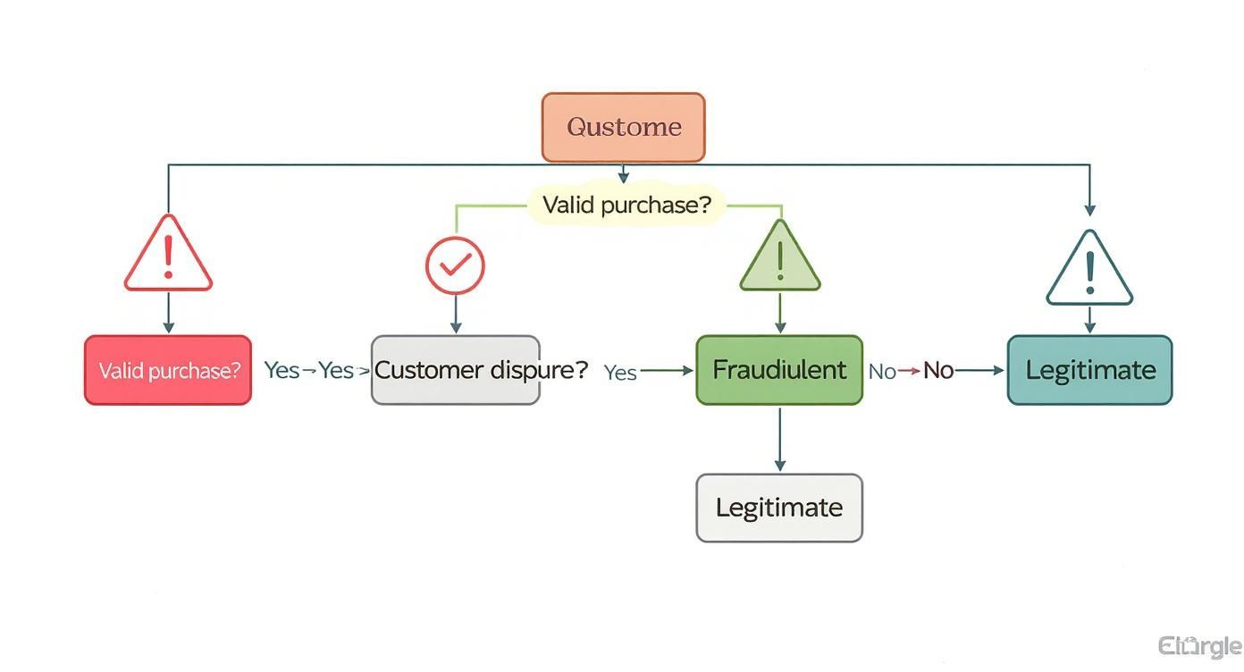 Flowchart showing steps to validate customer purchases and determine if a transaction is fraudulent or legitimate.