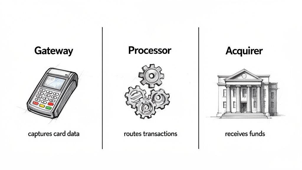 A diagram illustrating the payment processing flow with gateway, processor, and acquirer.