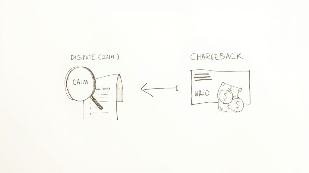 A hand-drawn illustration depicting a financial dispute, claim, and the resulting chargeback process.