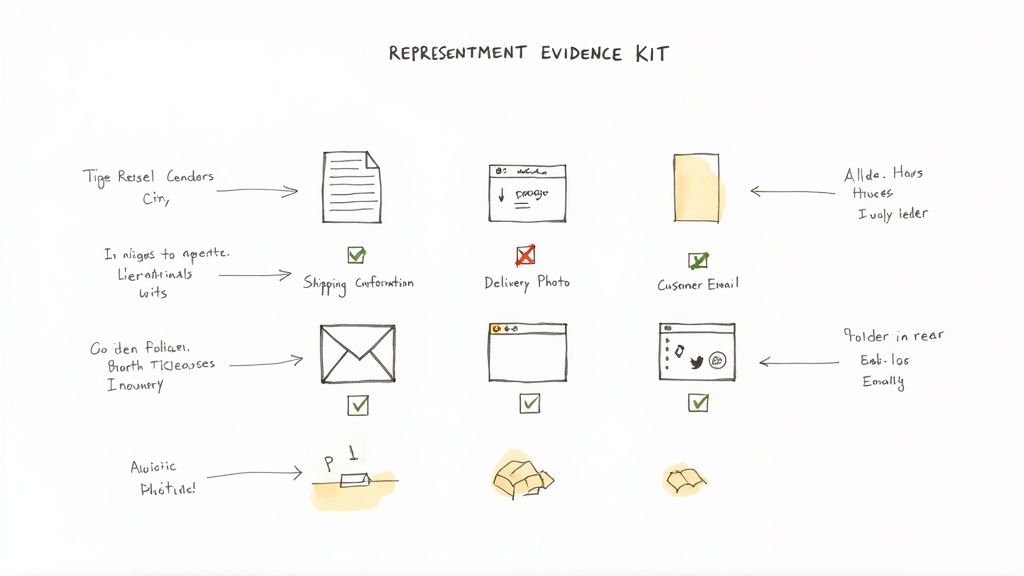 A handwritten flowchart illustrating a 'Representment Evidence Kit' with various documents and digital evidence types.