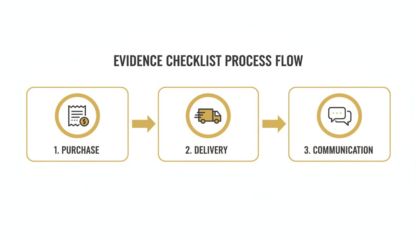 A three-step evidence checklist process flow diagram outlining Purchase, Delivery, and Communication.
