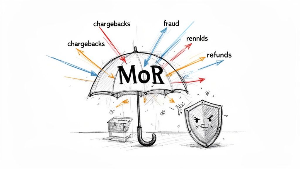 An illustration of a MoR umbrella protecting against chargebacks, fraud, and refunds.