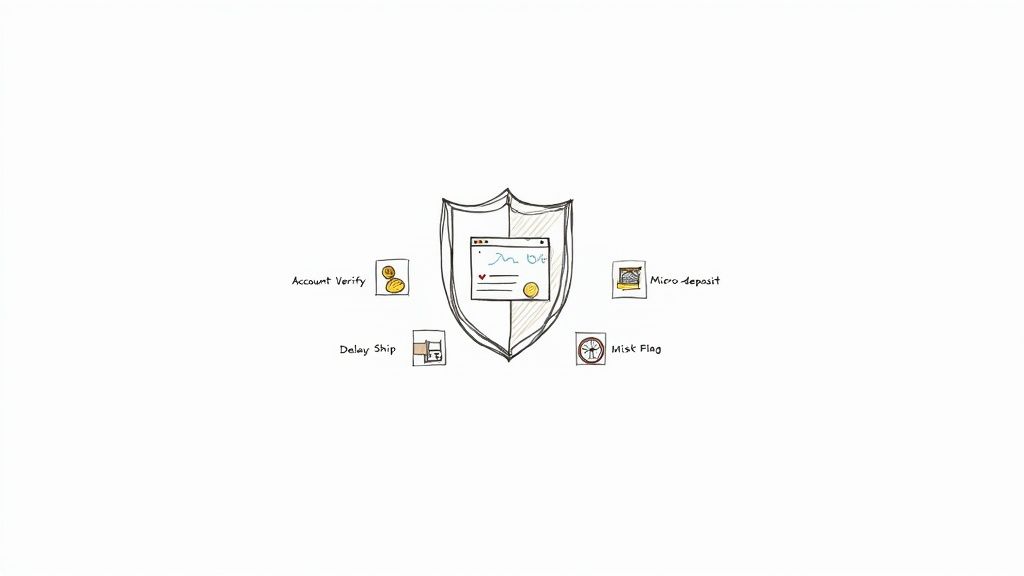 A shield graphic surrounded by icons representing security measures: account verify, micro-deposit, delay ship, and Misk Flag.