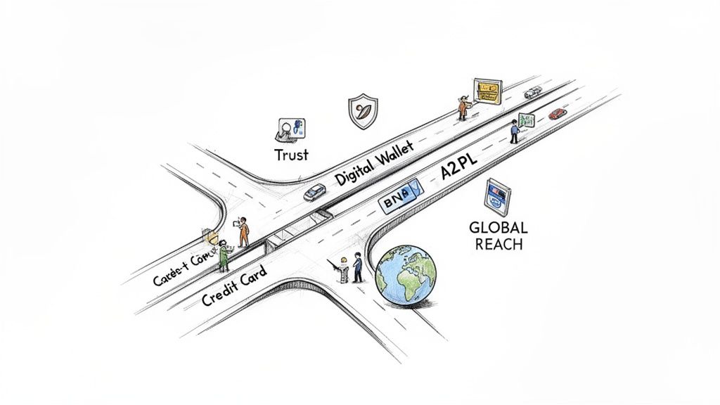 Illustration showing a road network comparing credit card and digital wallet payment methods with trust and global reach.
