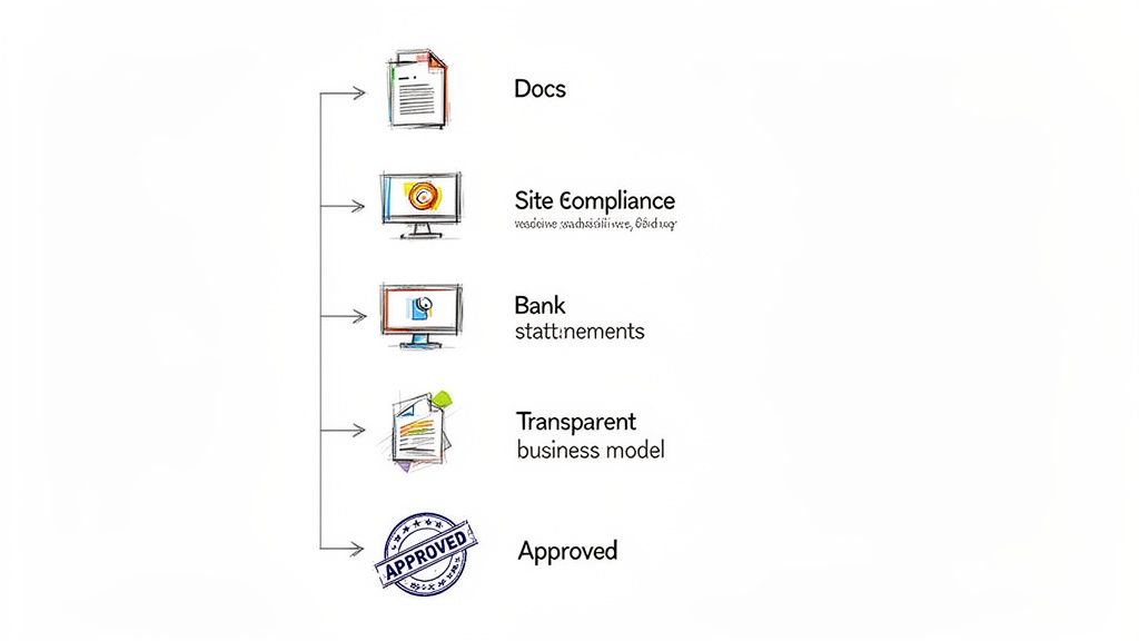 A process flowchart illustrating steps like documents, site compliance, bank statements, and business model leading to approval.