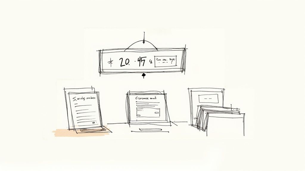 Hand-drawn sketch of a financial transaction interface with '₹ 20.45' and related digital screens.