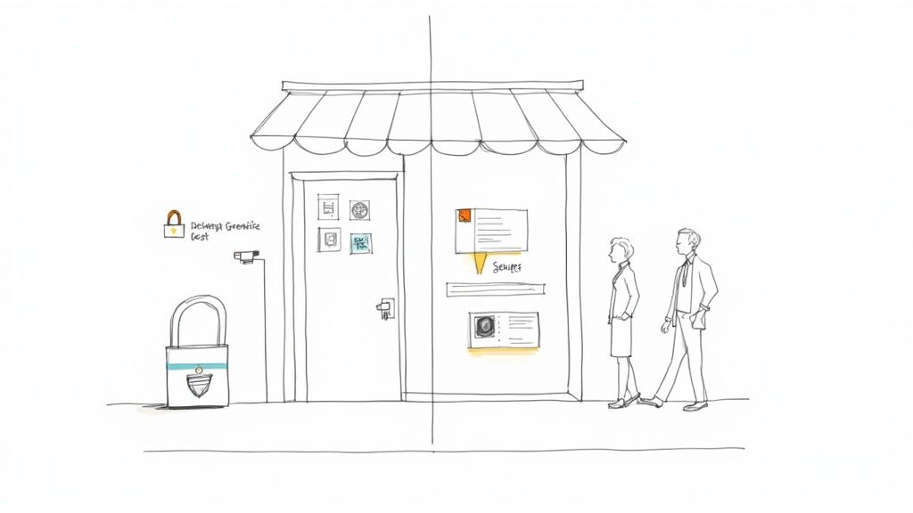 Hand-drawn illustration of a business facade featuring security locks, a camera, and service displays.