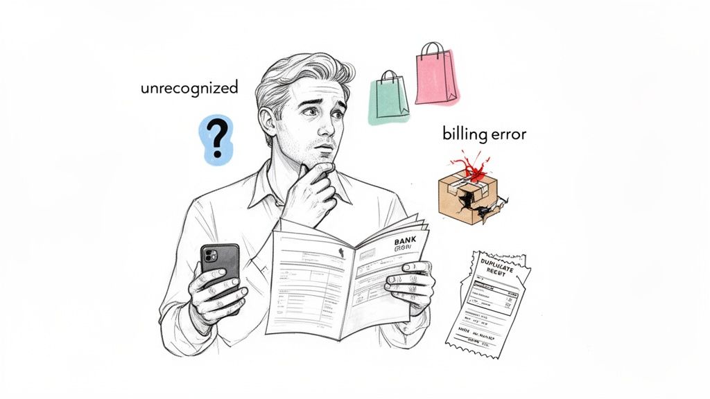 A confused man reviewing bank statements with illustrations of unrecognized charges, billing errors, and duplicate receipts.
