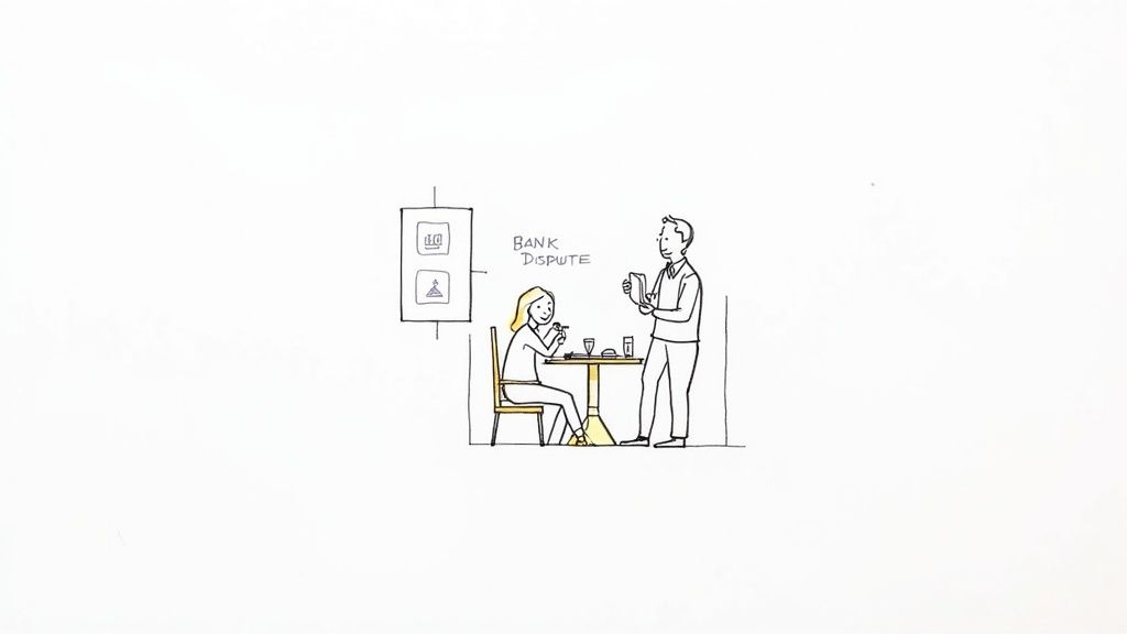 An illustration of a woman dining while a man holds a tablet, with 'BANK DISPUTE' written above them.