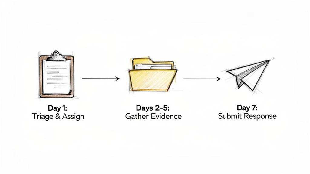 A flowchart showing a 7-day process: Day 1 Triage & Assign (clipboard), Days 2-5 Gather Evidence (folder), Day 7 Submit Response (paper airplane).