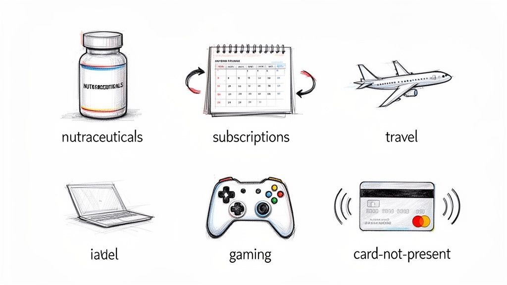 Icons representing nutraceuticals, subscriptions, travel, a laptop, gaming, and card-not-present payments.