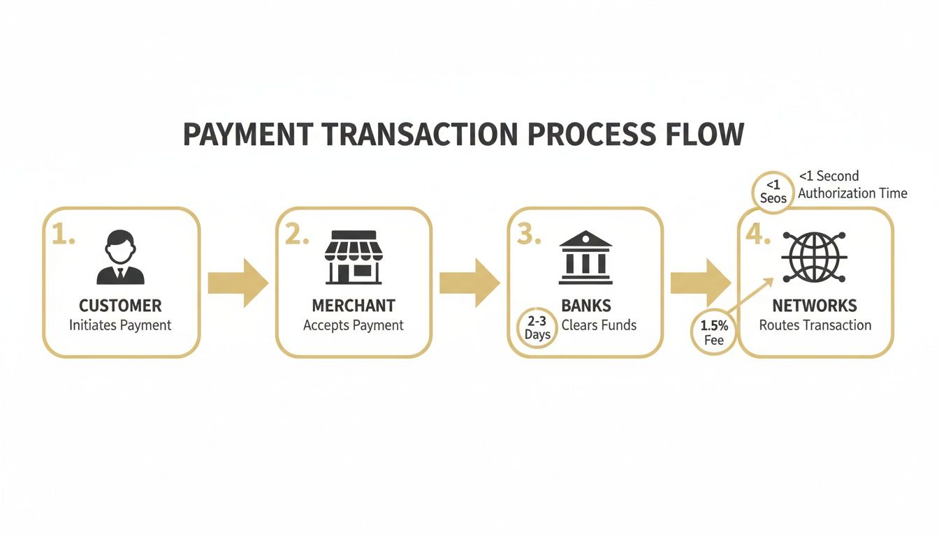 Diagram illustrating the four-step payment transaction process flow, from customer to networks.
