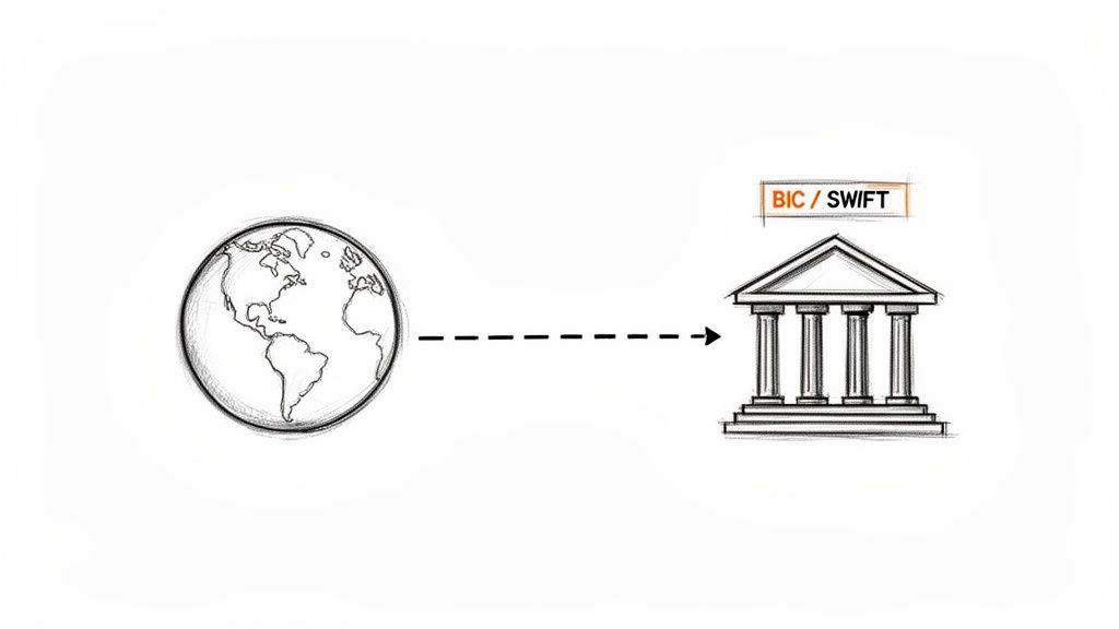 A sketch depicting a globe connected by a dashed arrow to a bank building with 'BIC / SWIFT' text.