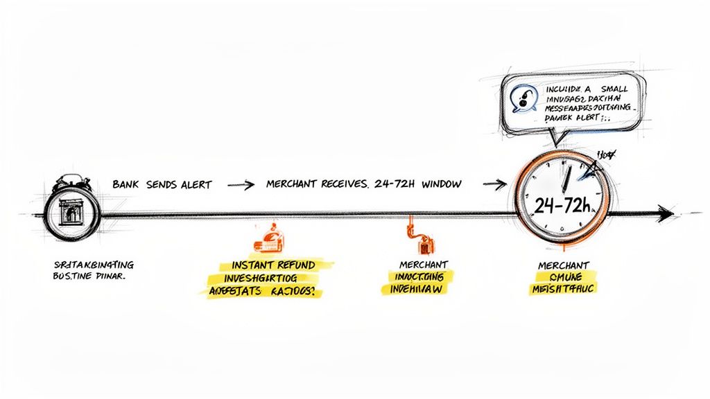 Timeline diagram showing a bank alert process for merchants, highlighting a 24-72h window.