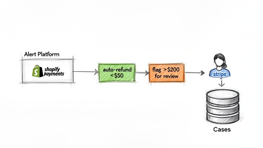 Flowchart showing Shopify Payments alerts, auto-refunding small amounts, flagging large transactions for Stripe review and case logging.