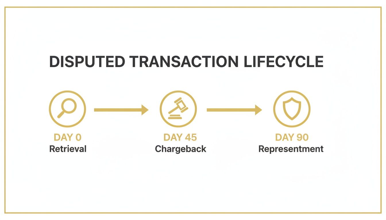 Infographic illustrating the disputed transaction lifecycle with stages: retrieval, chargeback, and representment.