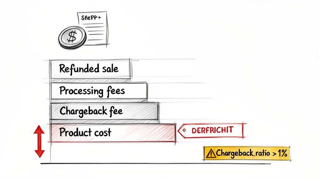 Diagram showing chargeback costs: refunded sale, processing fees, chargeback fee, product cost, and a warning for ratio >1%.