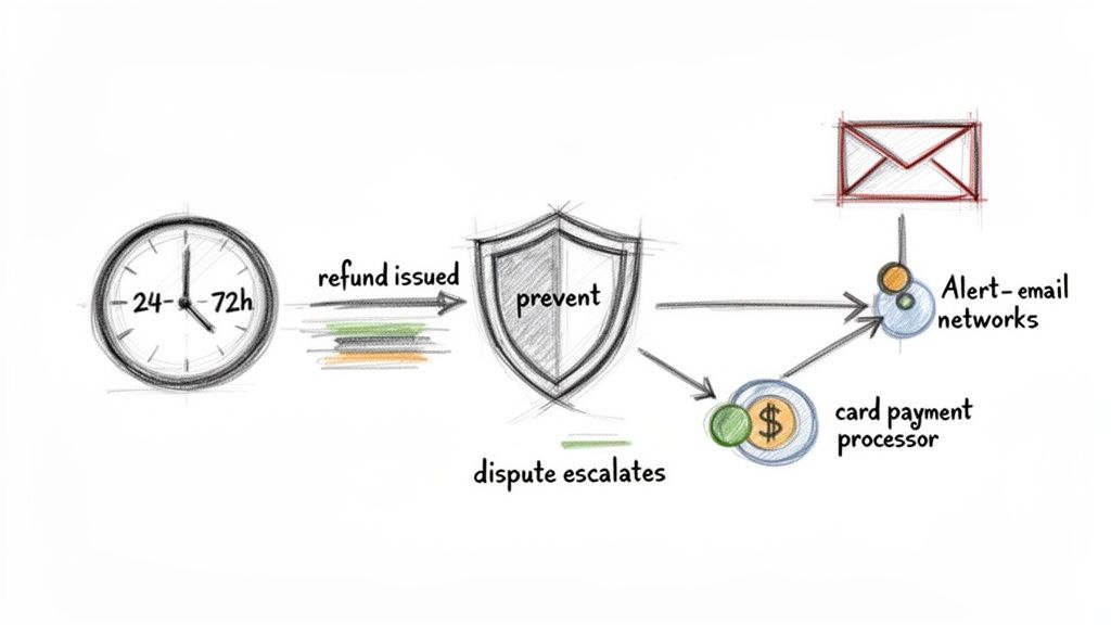 Flowchart illustrating refund issuance and dispute prevention process within 24-72 hours, involving email alerts and payment processors.