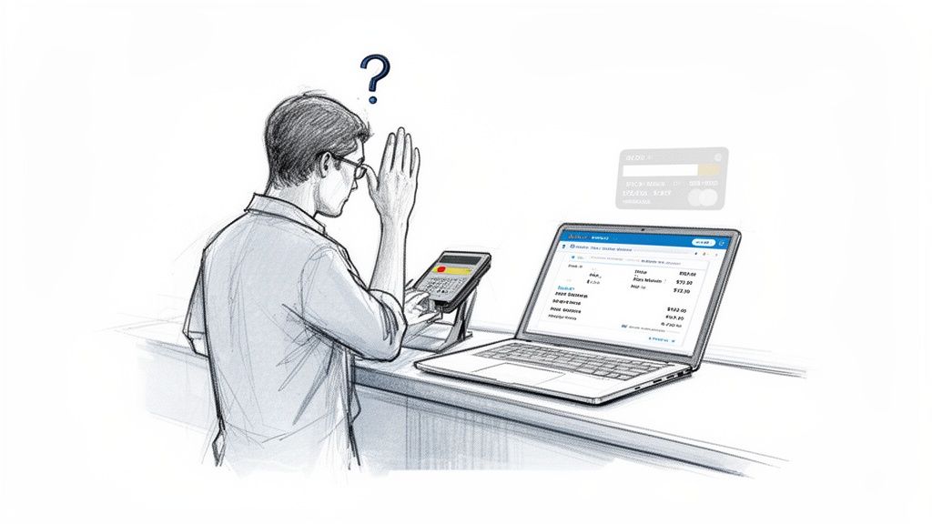 Confused man with glasses reviewing financial charges on a laptop and a calculator, with a question mark above his head.