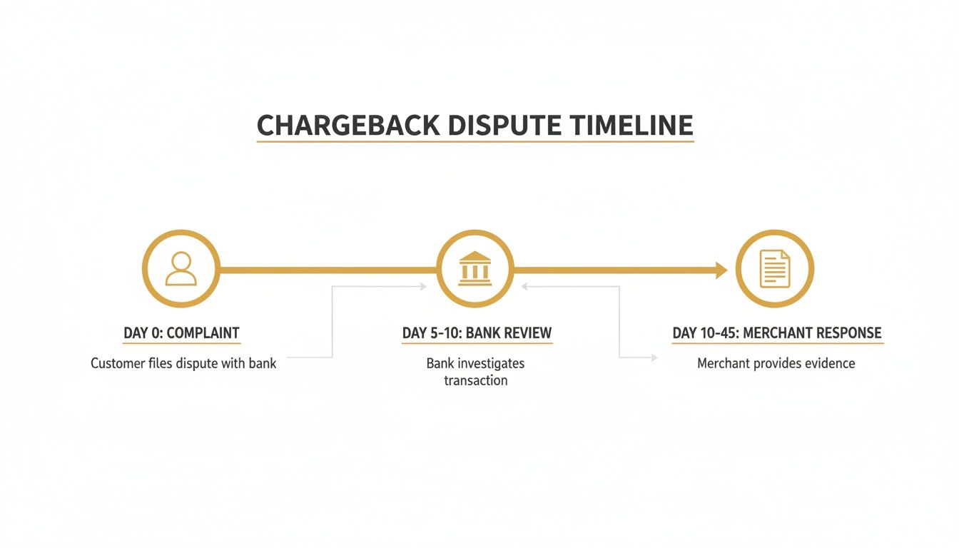 A chargeback dispute timeline showing three stages: complaint, bank review, and merchant response.
