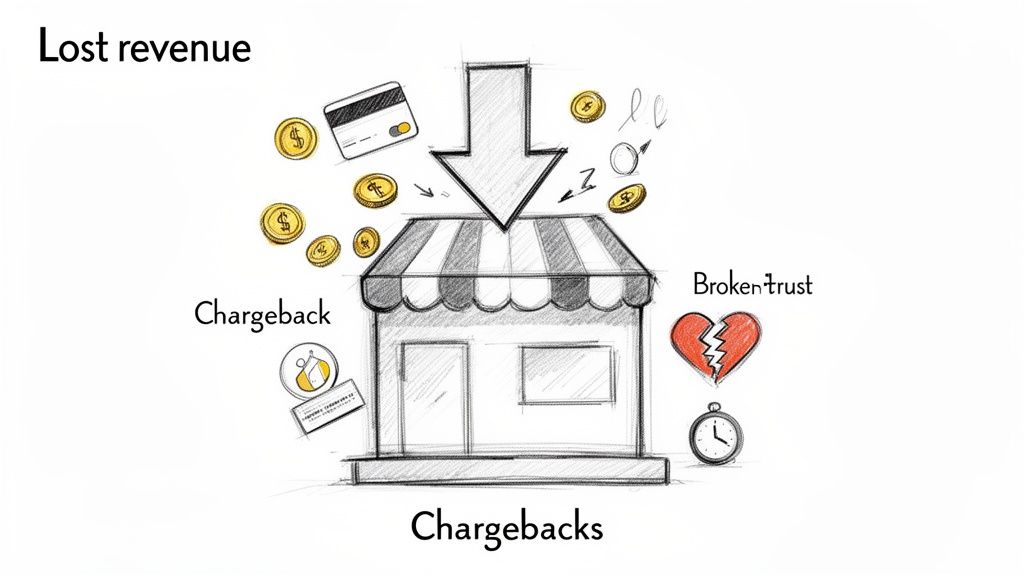 Illustration showing money going into a shop, but also chargebacks, lost revenue, and broken trust.
