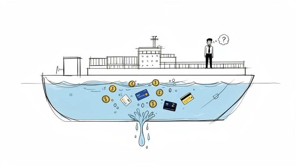 A sinking ship with water, money, and credit cards leaking from a hole, and a confused man on deck.