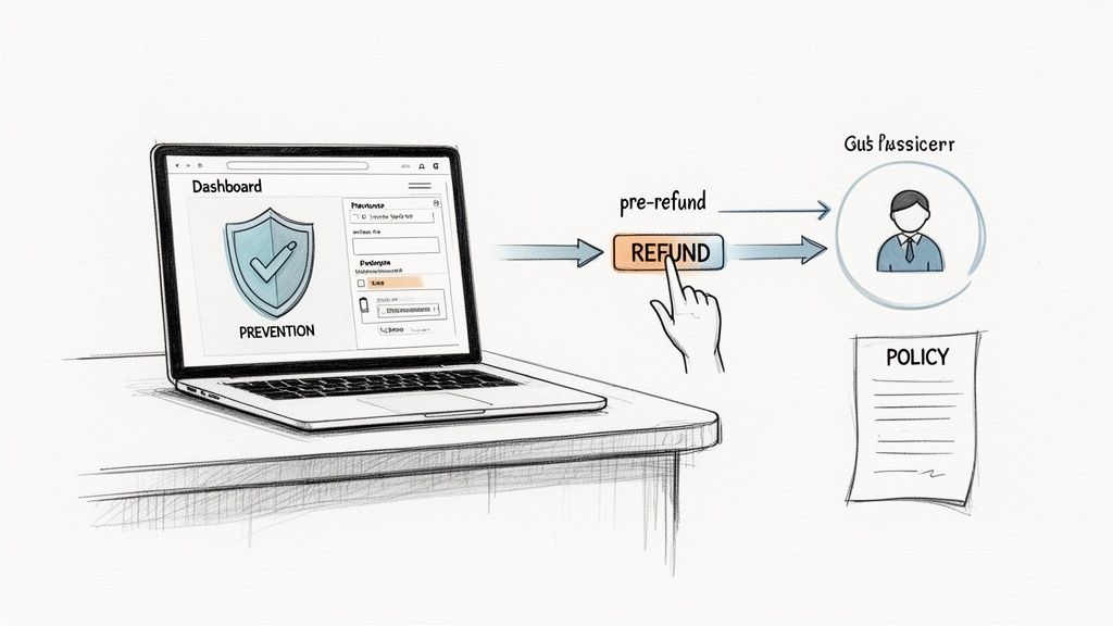 A diagram illustrates a laptop dashboard showing 'PREVENTION', a hand clicking 'REFUND', leading to 'Gus Passicerr' and a 'POLICY'.