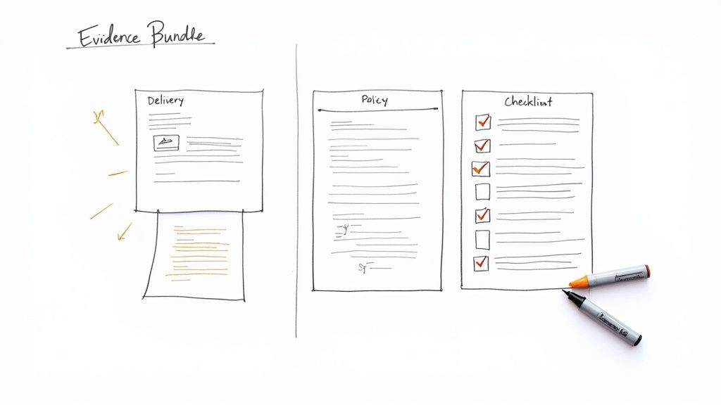 A whiteboard sketch illustrating an 'Evidence Bundle' with documents for delivery, policy, and a checked checklist.