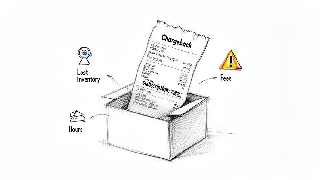 Illustration showing a 'Chargeback' receipt in a box, symbolizing costs like lost inventory, wasted hours, and fees.