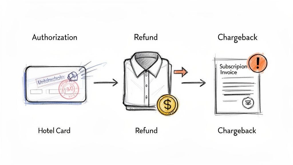 Diagram illustrating payment reversal: authorization via a hotel card, refund for an item, and subscription invoice chargeback.
