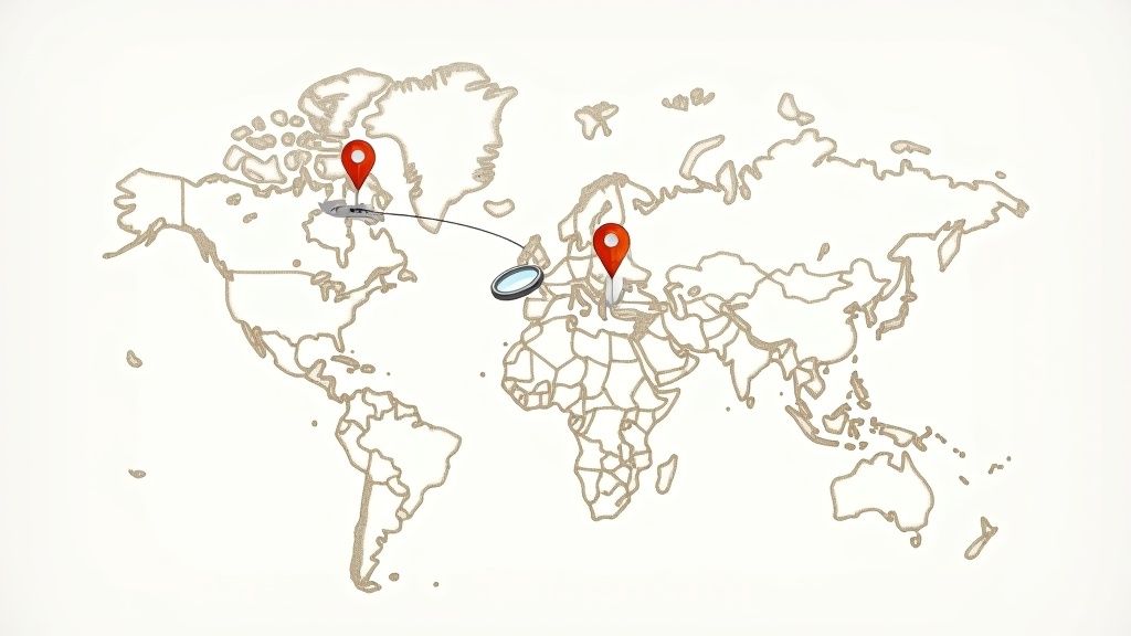 A textured world map illustrating a route between North America and Europe with location pins and a magnifying glass.