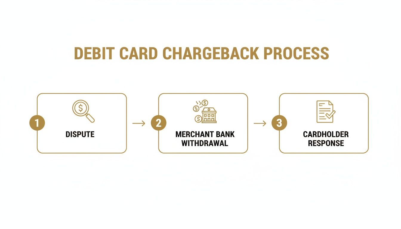 Diagram illustrating the three steps of a debit card chargeback process: Dispute, Merchant Bank Withdrawal, and Cardholder Response.