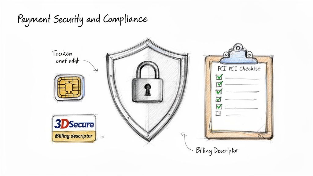 An illustration of payment security and compliance, featuring a shield with a lock, a SIM card, 3DSecure, and a PCI checklist.