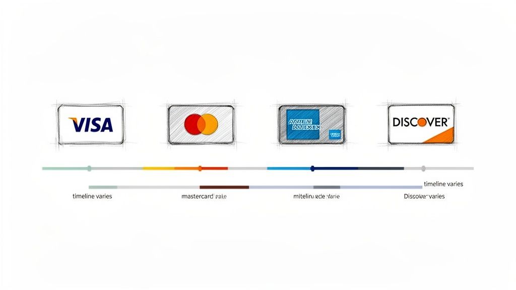 Sketches of credit card logos (Visa, Mastercard, American Express, Discover) above colored timelines.