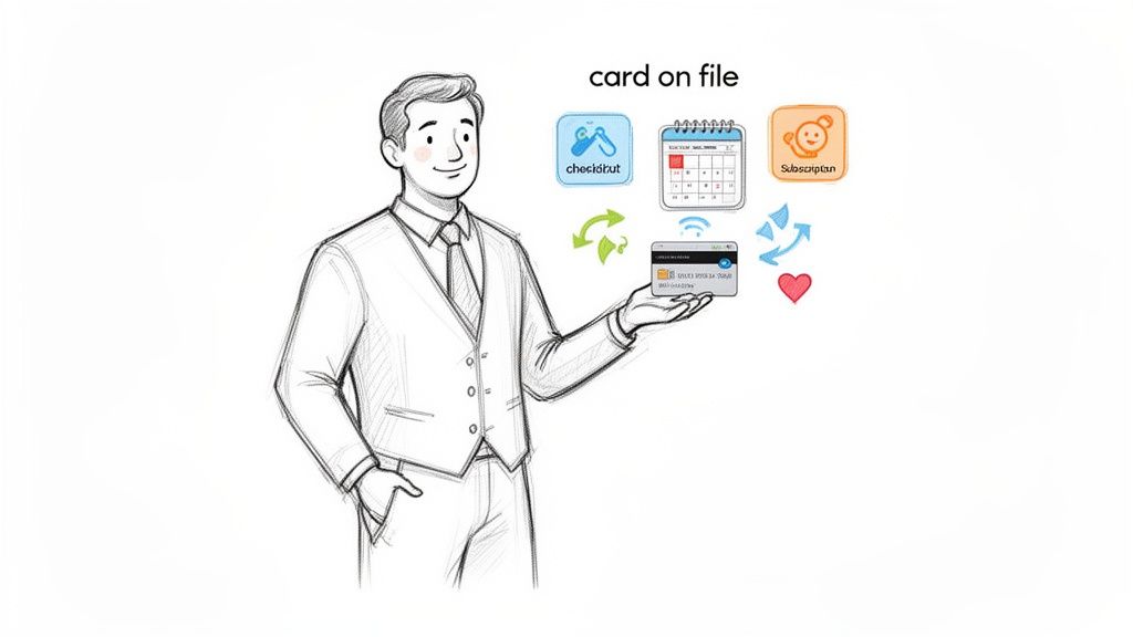 Man holding a credit card, demonstrating its use for checkout, subscriptions, and other services.