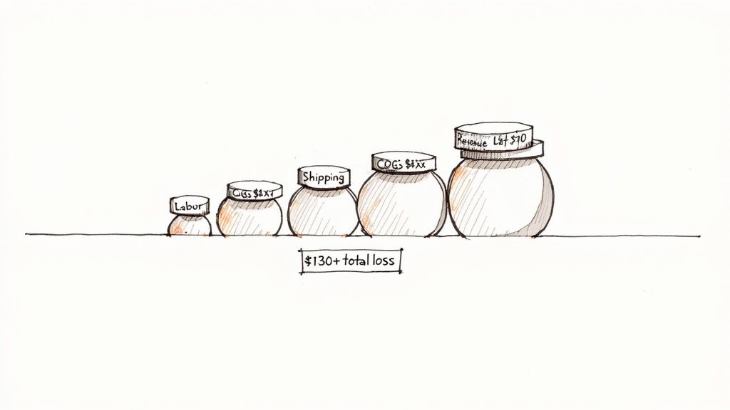 Hand-drawn illustration showing jars representing labor, class, shipping, COGS, and revenue, detailing a $130+ total loss.