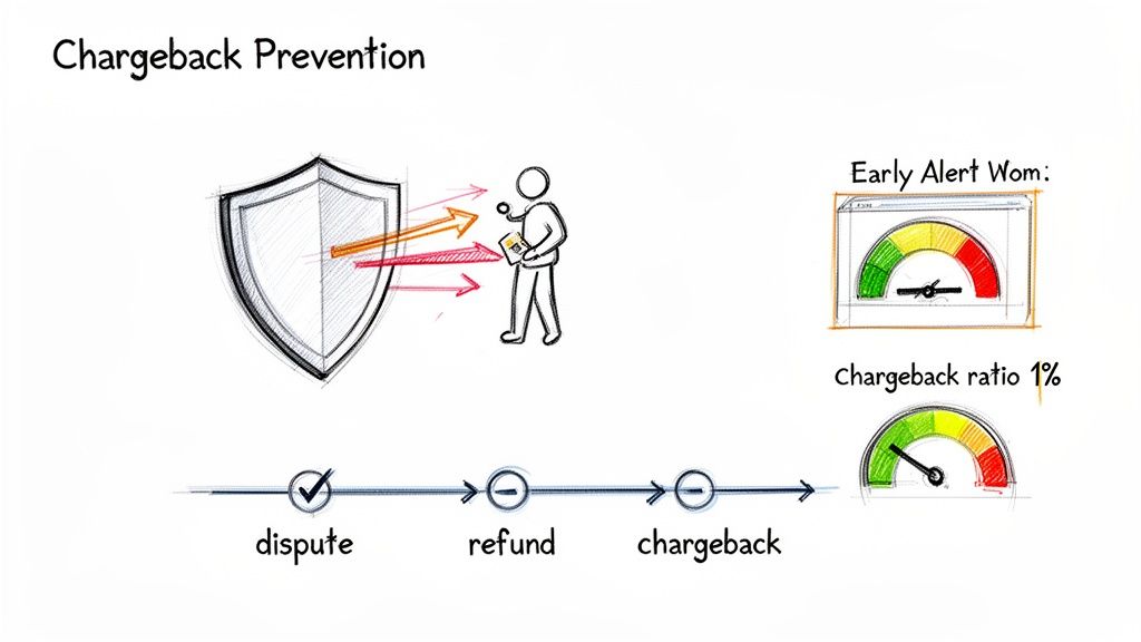 Visualizing chargeback prevention with a shield, dispute-refund-chargeback flow, early alerts, and a 1% chargeback ratio.