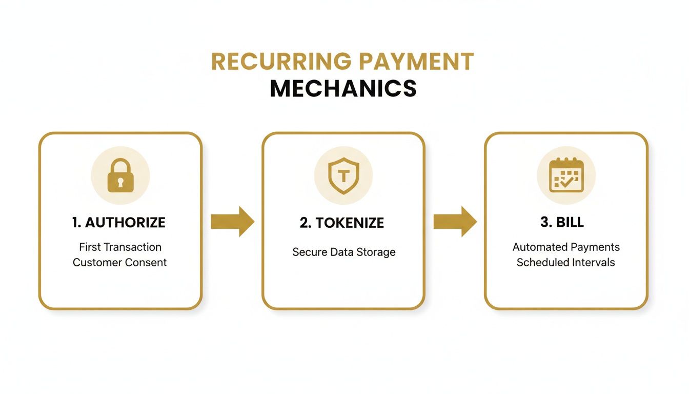 A flowchart illustrating the three-step mechanics of processing recurring payments: authorize, tokenize, and bill.